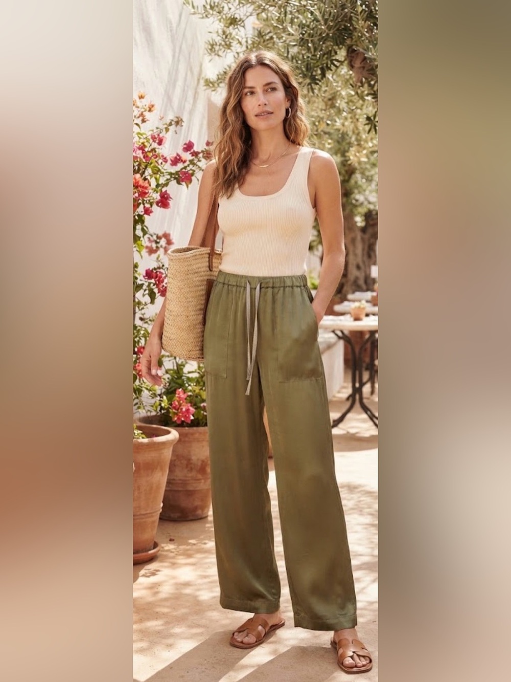 Women’s Nautica Olive Green Wide-Leg Drawstring Pants Size L